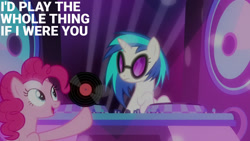Size: 1280x720 | Tagged: safe, edit, edited screencap, editor:quoterific, imported from derpibooru, screencap, dj pon-3, pinkie pie, vinyl scratch, earth pony, pony, unicorn, season 6, the saddle row review, duo, female, mare, open mouth, open smile, smiling, text