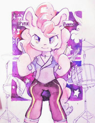 Size: 656x847 | Tagged: safe, artist:milarvozmido, imported from derpibooru, pinkie pie, earth pony, pony, bipedal, clothes, drums, drumsticks, female, hoof hold, looking at you, mare, musical instrument, simple background, solo, traditional art, watercolor painting, white background