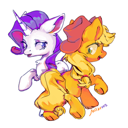Size: 2000x2000 | Tagged: safe, artist:milarvozmido, imported from derpibooru, applejack, rarity, earth pony, pony, unicorn, applejack's hat, butt, cowboy hat, duo, duo female, female, hat, horn, looking at someone, mare, open mouth, plot, raised hoof, simple background, underhoof, white background
