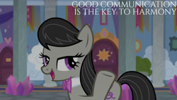 Size: 1280x720 | Tagged: safe, edit, edited screencap, editor:quoterific, imported from derpibooru, screencap, octavia melody, earth pony, pony, a horse shoe-in, season 9, spoiler:s09, female, mare, open mouth, open smile, school of friendship, smiling, solo, text