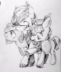 Size: 2254x2661 | Tagged: safe, artist:milarvozmido, imported from derpibooru, earth pony, female, glasses, looking at someone, male, mare, monochrome, raised hoof, stallion, traditional art, trio