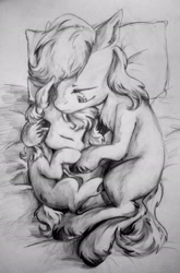 Size: 1991x3013 | Tagged: safe, artist:milarvozmido, imported from derpibooru, oc, oc only, earth pony, bed, duo, eyes closed, female, lidded eyes, looking at someone, male, mare, monochrome, pillow, sleeping, stallion, traditional art