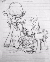Size: 2210x2713 | Tagged: safe, artist:milarvozmido, imported from derpibooru, earth pony, bandage, duo, female, glasses, lined paper, male, mare, monochrome, mouth hold, raised hoof, scissors, stallion, traditional art