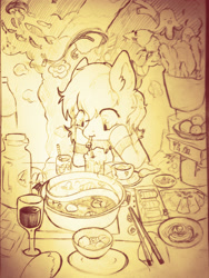 Size: 2121x2828 | Tagged: safe, artist:milarvozmido, imported from derpibooru, oc, oc only, fish, pony, chinese, chopsticks, clothes, drink, drinking, drinking straw, food, looking at something, plate, solo, straw, traditional art