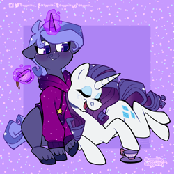 Size: 2048x2048 | Tagged: safe, artist:3ggmilky, imported from derpibooru, rarity, oc, pony, unicorn, canon x oc, clothes, cup, female, high res, hoodie, male, mare, shipping, straight, teacup, unshorn fetlocks