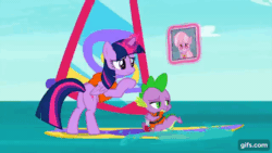 Size: 640x360 | Tagged: safe, imported from derpibooru, screencap, dusty pages, spike, twilight sparkle, alicorn, dragon, earth pony, pony, season 9, the point of no return, spoiler:s09, animated, bipedal, butt, cute, duo focus, female, gif, gifs.com, grin, magic, male, mare, nose in the air, open mouth, plot, smiling, spikabetes, telekinesis, trio, twibutt, twilight sparkle (alicorn), windsurfing, winged spike, wings, wipeout