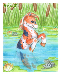 Size: 1280x1577 | Tagged: safe, artist:fankakm, imported from derpibooru, oc, oc only, frog, hybrid, seapony (g4), fin wings, fins, flower, koi pony, male, orange mane, red eyes, reeds, signature, smiling, solo, traditional art, water, wings