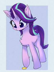 Size: 1392x1851 | Tagged: safe, artist:puetsua, imported from derpibooru, starlight glimmer, pony, unicorn, bits, blue background, cheek fluff, chest fluff, coin, colored pupils, cute, ear fluff, eye clipping through hair, female, fluffy, glimmerbetes, hoof fluff, leg fluff, looking at something, looking down, mare, pushing, raised hoof, simple background, solo