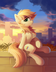 Size: 2241x2880 | Tagged: safe, artist:draconidsmxz, imported from derpibooru, oc, oc only, earth pony, pony, apple, brick wall, chest fluff, city, female, fluffy, food, high res, looking at you, mare, sitting, smiling, solo, zap apple