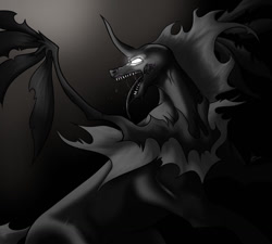 Size: 1280x1152 | Tagged: safe, artist:ocmaniact, imported from derpibooru, pony of shadows, alicorn, pony, black background, blank eyes, dark, digital art, fangs, flowing mane, glowing, horn, male, open mouth, simple background, solo, spread wings, stallion, teeth, tongue out, wings