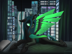 Size: 3000x2250 | Tagged: safe, artist:dash wang, imported from derpibooru, queen chrysalis, changeling, changeling queen, artificial wings, augmented, cyberpunk, female, horn, sad, solo, wings