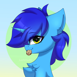 Size: 2160x2160 | Tagged: safe, artist:lunylin, imported from derpibooru, oc, oc only, pony, unicorn, abstract background, bust, chest fluff, cookie, female, food, looking at you, mouth hold, side view, simple background, solo