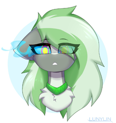 Size: 1495x1600 | Tagged: safe, artist:lunylin, imported from derpibooru, oc, oc only, oc:jade stonesetter, pegasus, pony, abstract background, bust, chest fluff, glowing, glowing eyes, hair over one eye, hypno eyes, hypnosis, jewelry, kaa eyes, looking at you, necklace, simple background, solo, two toned mane