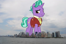 Size: 3872x2592 | Tagged: safe, artist:cheezedoodle96, artist:thegiantponyfan, edit, imported from derpibooru, firelight, pony, unicorn, giant firelight, giant pony, giant unicorn, high res, highrise ponies, irl, looking at you, macro, male, manhattan, mega giant, new york, new york city, photo, ponies in real life, smiling, solo, stallion