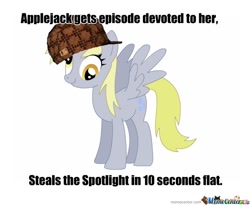 Size: 600x491 | Tagged: safe, imported from derpibooru, derpy hooves, pegasus, pony, the last roundup, 10 seconds flat, artifact, caption, female, hat, image macro, impact font, implied applejack, meme, memecenter, scumbag hat, simple background, slowpoke, solo, text, watermark, white background