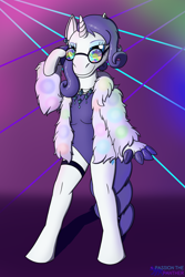 Size: 1400x2100 | Tagged: safe, artist:passionpanther, imported from derpibooru, rarity, anthro, unguligrade anthro, unicorn, series:plur is magic, clothes, fashion, finger hooves, fur coat, glasses, jacket, leotard, party, rave, solo