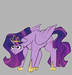 Size: 746x768 | Tagged: safe, artist:smirk, imported from derpibooru, twilight sparkle, alicorn, pony, angry, crown, ears back, flowing mane, glare, gray background, jewelry, regalia, simple background, solo, twilight sparkle (alicorn)