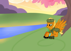 Size: 900x650 | Tagged: safe, artist:clevercloud2022pl, imported from derpibooru, oc, pegasus, pony, pony creator, blonde hair, blonde tail, boots, clothes, gloves, grass, hat, male, orange fur, resting, river, shoes, smiling, soldier, stallion, tail, tree, water, wings