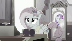 Size: 1920x1080 | Tagged: safe, imported from derpibooru, screencap, kerfuffle, rarity, pegasus, pony, unicorn, rainbow roadtrip, desaturated, female, mare, mirror, reflection