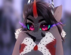 Size: 1177x902 | Tagged: safe, artist:shenki, imported from derpibooru, king sombra, anthro, unicorn, blurry background, bust, cape, clothes, crown, ear fluff, eyelashes, jewelry, looking at you, portrait, regalia, solo, sombra eyes, sombra's cape