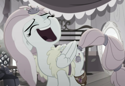 Size: 824x568 | Tagged: safe, imported from derpibooru, screencap, kerfuffle, rainbow roadtrip, cropped, desaturated, laughing, open mouth, solo, volumetric mouth