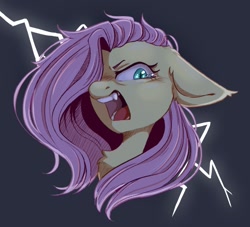 Size: 1163x1054 | Tagged: safe, artist:melodylibris, imported from derpibooru, fluttershy, bat pony, pegasus, pony, bat ponified, bust, chest fluff, ears back, fangs, female, flutterbat, hair over one eye, lightning, mare, mid-transformation, open mouth, race swap, slit pupils, snarling, solo, teary eyes