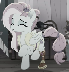 Size: 484x507 | Tagged: safe, imported from derpibooru, screencap, kerfuffle, pegasus, pony, rainbow roadtrip, amputee, cropped, cute, desaturated, eyes closed, female, fufflebetes, kerfuffle shuffle, mare, prosthetic limb, prosthetics, solo