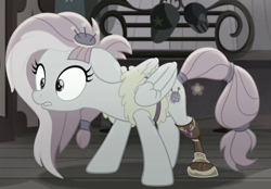 Size: 570x397 | Tagged: safe, imported from derpibooru, screencap, kerfuffle, pegasus, pony, rainbow roadtrip, amputee, cropped, desaturated, female, mare, prosthetic leg, prosthetic limb, prosthetics, solo