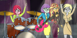 Size: 1280x630 | Tagged: safe, artist:rdj1995, imported from derpibooru, blueberry pie, derpy hooves, raspberry fluff, sunset shimmer, human, equestria girls, concert, drums, electric guitar, guitar, microphone, musical instrument, the muffins