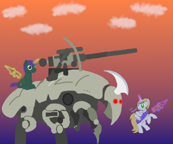 Size: 3000x2500 | Tagged: safe, imported from derpibooru, oc, oc only, oc:emperor bigpip, oc:harmonious percussion, alicorn, robot, unicorn, alicorn oc, blonde mane, cannon, clothes, cloud, flying, gradient background, gray coat, green coat, green eyes, gun, heart, herm, high res, horn, intersex, magic, male, male herm, pickaxe, purple mane, rimworld, robe, sitting, telekinesis, unicorn oc, weapon, wings