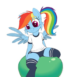 Size: 1080x1080 | Tagged: safe, artist:fajnyziomal, imported from derpibooru, rainbow dash, pegasus, pony, semi-anthro, adorasexy, cheek fluff, clothes, commission, cute, dashabetes, exercise ball, gym shorts, gym uniform, ponytail, school uniform, sexy, shirt, simple background, smiling, socks, solo, spread legs, spread wings, spreading, stockings, stupid sexy rainbow dash, t-shirt, thigh highs, white background, wings, workout, your character here