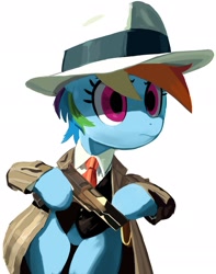 Size: 1701x2164 | Tagged: safe, artist:_ton618_, imported from derpibooru, rainbow dash, pegasus, pony, bipedal, clothes, coat, cole phelps, dexterous hooves, fedora, female, gun, handgun, hat, holster, hoof hold, l.a. noire, mare, necktie, no catchlights, pistol, simple background, solo, weapon, white background