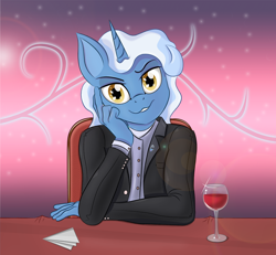 Size: 1158x1069 | Tagged: safe, artist:zorgycuddles, imported from derpibooru, pokey pierce, anthro, unicorn, alcohol, clothes, date, dinner, evil grin, eyebrows, glass, grin, horn, looking at you, male, sitting, smiling, smiling at you, solo, suit, wine, wine glass