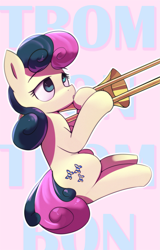 Size: 1533x2400 | Tagged: safe, artist:vultraz, imported from derpibooru, bon bon, sweetie drops, earth pony, pony, abstract background, bonpun, dexterous hooves, female, hoof hold, mare, musical instrument, pun, sitting, solo, trombone