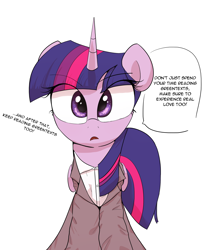 Size: 2910x3580 | Tagged: safe, artist:vultraz, imported from derpibooru, twilight sparkle, alicorn, pony, breaking the fourth wall, clothes, dialogue, eye clipping through hair, female, frown, looking at you, mare, open mouth, simple background, solo, speech bubble, suit, talking, talking to viewer, text, twilight sparkle (alicorn), white background