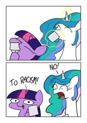 Size: 2598x3661 | Tagged: safe, artist:vultraz, imported from derpibooru, princess celestia, twilight sparkle, alicorn, pony, unicorn, 2 panel comic, cheers, comic, dialogue, distressed, drawthread, drinking, duo, female, hoof hold, i can't believe it's not tjpones, levitation, magic, mare, no, open mouth, racism, squatpony, style emulation, talking, telekinesis, toasting, twiggie