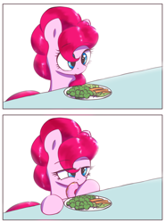 Size: 2070x2789 | Tagged: safe, artist:vultraz, imported from derpibooru, pinkie pie, earth pony, pony, 2 panel comic, comic, donut, drawthread, female, food, herbivore, mare, plate, requested art, simple background, solo, table, vegetables, white background