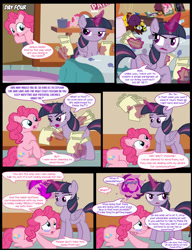 Size: 1042x1358 | Tagged: safe, artist:dendoctor, imported from derpibooru, mean twilight sparkle, pinkie pie, twilight sparkle, alicorn, earth pony, pony, comic:clone.., alternate universe, bed, blanket, clone, comic, crying, doctor who, female, fire, glowing, glowing horn, horn, magic, pillow, pinkie clone, plushie, telekinesis, toy, twilight sparkle (alicorn)