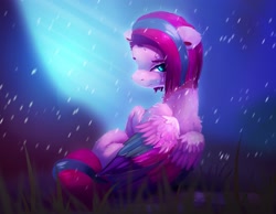 Size: 1985x1544 | Tagged: safe, artist:itssim, imported from derpibooru, zipp storm, pegasus, pony, adorazipp, cute, female, g5, looking at you, looking back, looking back at you, mare, rain, sad, sitting, solo, wet, wet mane