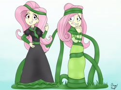 Size: 2724x2036 | Tagged: safe, artist:bageloftime, imported from derpibooru, fluttershy, human, equestria girls, bondage, clothes, dress, duality, gown, grin, gritted teeth, long dress, long skirt, poison ivyshy, skirt, smiling, teeth, vine, vine bondage