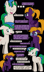 Size: 1920x3168 | Tagged: safe, artist:alexdti, imported from derpibooru, oc, oc only, oc:purple creativity, oc:star logic, pegasus, pony, unicorn, comic:quest for friendship, ..., black background, comic, dialogue, dot eyes, duo, duo male and female, ears back, female, folded wings, glasses, high res, hooves, horn, looking at someone, looking away, male, mare, open mouth, open smile, pegasus oc, ponytail, raised hoof, simple background, smiling, speech bubble, stallion, standing, unicorn oc, wings