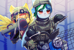 Size: 1775x1200 | Tagged: safe, artist:tingsan, imported from derpibooru, oc, oc only, oc:dirty flame, oc:tracer wake, pegasus, camouflage, clothes, electric bike, helmet, military, military uniform, pf-89, rocket launcher, uniform, weapon