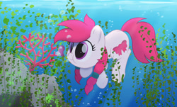 Size: 1280x775 | Tagged: safe, artist:potato22, imported from derpibooru, oc, oc only, oc:manta, earth pony, octopus, pony, bubble, commission, crepuscular rays, female, mare, ocean, pink eyes, pink mane, rock, seaweed, solo, sunlight, underwater, water