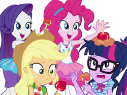 Size: 1442x1080 | Tagged: safe, artist:rarityvrymercollectiveoriginals, edit, edited screencap, imported from derpibooru, screencap, applejack, pinkie pie, rarity, sci-twi, twilight sparkle, human, equestria girls, equestria girls series, rollercoaster of friendship, background removed, geode of shielding, geode of sugar bombs, geode of super strength, geode of telekinesis, magical geodes, not a vector, rarity peplum dress, simple background, transparent background