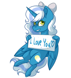 Size: 1000x1100 | Tagged: safe, artist:blacklight-fox, imported from derpibooru, oc, oc:fleurbelle, alicorn, adorabelle, alicorn oc, bow, cute, female, grin, hair bow, hoof hold, horn, mare, ocbetes, sign, simple background, smiling, transparent background, wings, yellow eyes