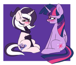 Size: 1280x1091 | Tagged: safe, artist:ladylullabystar, imported from derpibooru, twilight sparkle, oc, oc:lullaby star, alicorn, pony, unicorn, alternate design, blushing, duo, female, glasses, mare, sitting, twilight sparkle (alicorn)