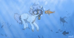 Size: 1980x1020 | Tagged: source needed, safe, artist:ralomchegg, imported from derpibooru, oc, oc only, earth pony, fish, pony, blue eyes, blue mane, bubble, chest fluff, crepuscular rays, dive mask, ear fluff, goggles, ocean, open mouth, signature, solo, sunlight, underwater, water