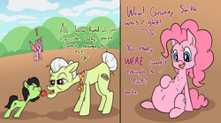 Size: 1940x1080 | Tagged: safe, artist:happy harvey, imported from derpibooru, granny smith, pinkie pie, oc, oc:filly anon, earth pony, pony, 2 panel comic, abdominal bulge, apple, belly button, bellyrubs, bush, chest fluff, cloud, comic, dialogue, ear fluff, exclamation point, eyes closed, female, filly, filly prey, foal, food, hill, kindness, laughing, looking back, mare pred, misunderstanding, open mouth, phone drawing, pinkie pred, sitting, standing, starry eyes, stuffed belly, vore, wingding eyes