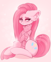 Size: 800x960 | Tagged: safe, artist:valeria_fills, imported from derpibooru, pinkie pie, earth pony, pony, clothes, cute, diapinkes, ear fluff, female, mare, pink background, pinkamena diane pie, simple background, sitting, solo, sweater