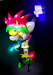 Size: 1369x1933 | Tagged: safe, artist:spritecranbirdie, imported from derpibooru, oc, oc only, anthro, unicorn, anorexic, arm warmers, bandaid, boots, breasts, clothes, female, glowing, glowstick, gold tooth, heterochromia, party, shoes, short shirt, skirt, small breasts, solo, tail, two toned mane, two toned tail, yellow sclera